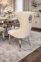 Ivory Velvet Dining Chair with Lion Knocker and Chrome Legs