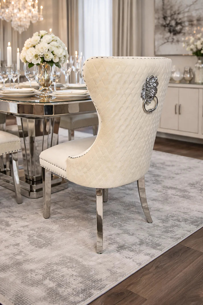 Ivory Velvet Dining Chair with Lion Knocker and Chrome Legs