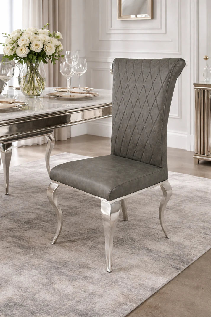 Dark Grey PU Leather Dining Chair with Chrome Legs