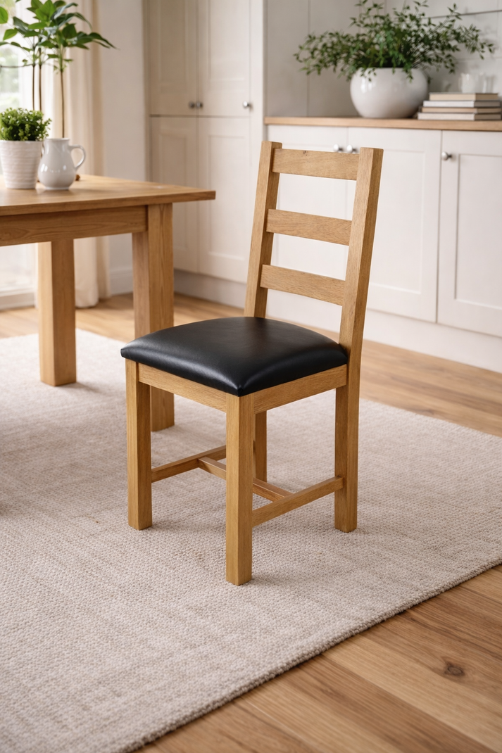 Natural Oak Ladder Back Dining Chair with Black Faux Leather Seat