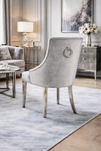 Silver Grey Shimmer Velvet Dining Chair with Ring Knocker and Chrome Legs