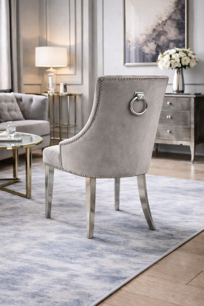 Dark Grey Velvet Dining Chair with Ring Knocker and Chrome Legs