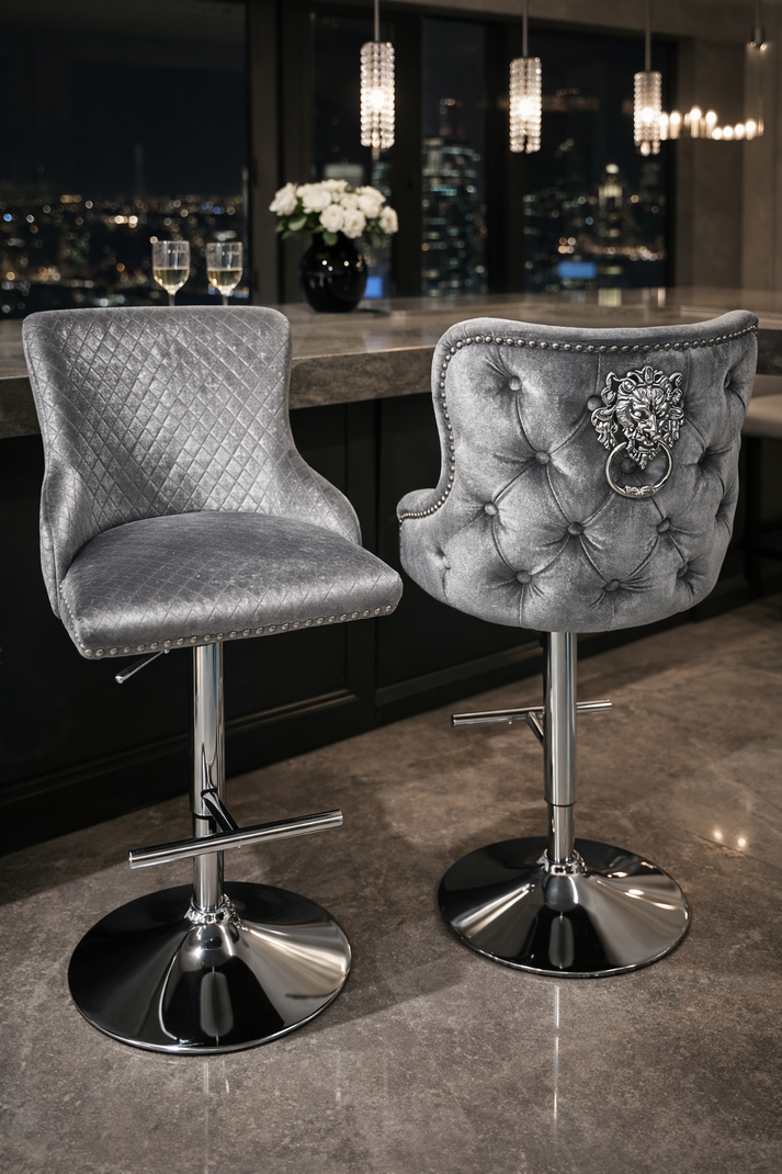 Light Grey Velvet Chesterfield Bar Stool with Chrome Base and Lion Knocker