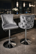 Light Grey Velvet Chesterfield Bar Stool with Chrome Base and Lion Knocker