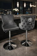 Dark Grey Velvet Bar Stool with Chrome Base and Lion Knocker Detail