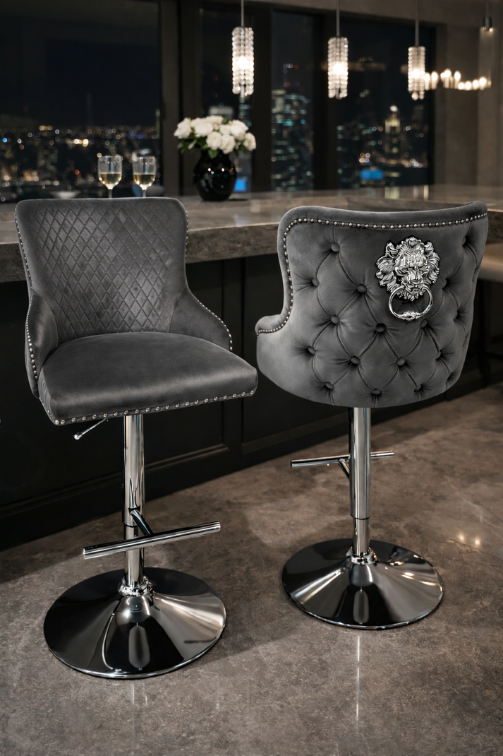 Dark Grey Velvet Bar Stool with Chrome Base and Lion Knocker Detail