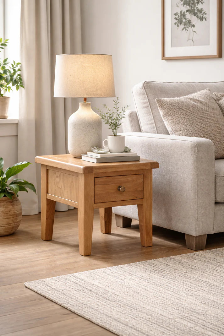 Natural Solid Oak 1 Drawer Lamp Table with Rounded Corners