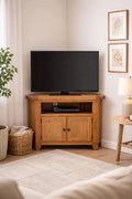 Natural Oak Corner TV Unit with 2 Door Storage and Open Media Shelf