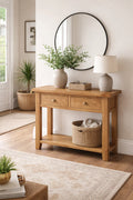Natural Oak 2 Drawer Console Table with Open Storage Shelf