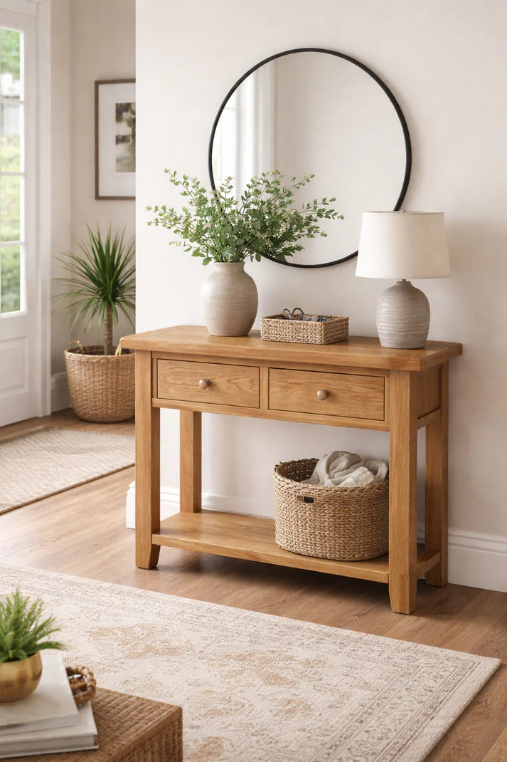 Natural Oak 2 Drawer Console Table with Open Storage Shelf