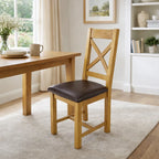 Natural Oak Cross Back Dining Chair with Dark Brown Padded Seat