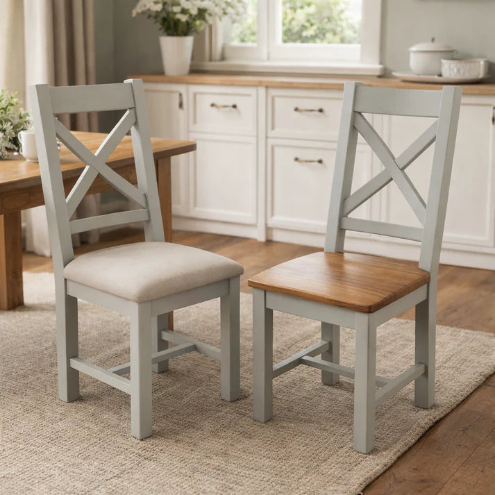 Light Grey Cross Back Dining Chair with Cream Fabric Seat