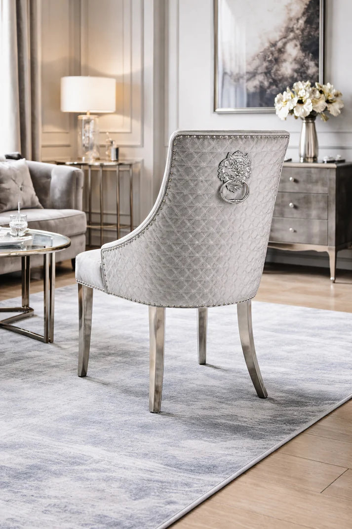 Silver Grey Velvet Dining Chair with Lion Knocker and Chrome Legs