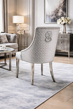 Silver Grey Velvet Dining Chair with Lion Knocker and Chrome Legs