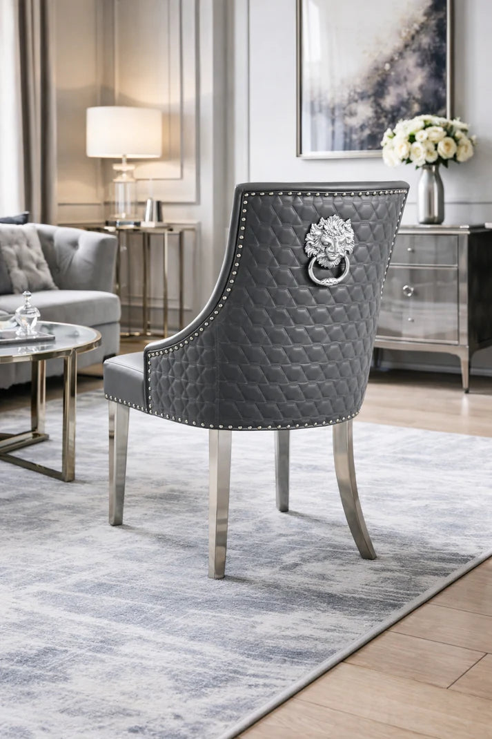 Dark Grey PU Dining Chair with Lion Knocker and Chrome Legs