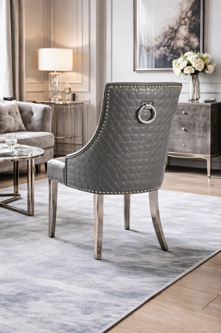 Dark Grey PU Dining Chair with Ring Knocker and Chrome Legs
