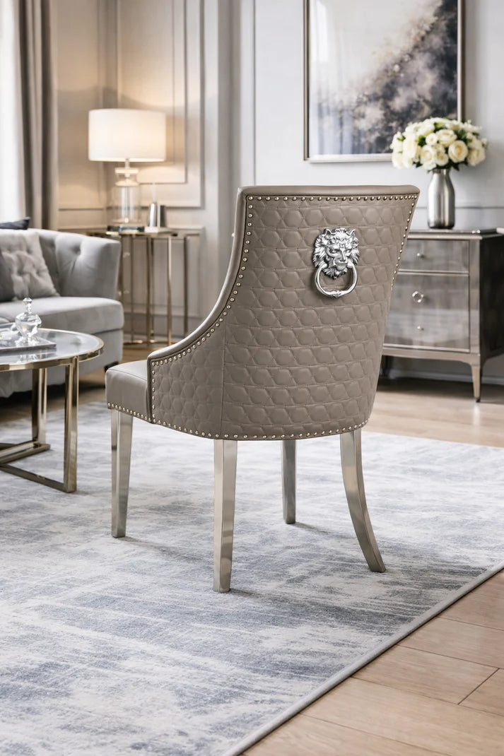 Light Grey PU Dining Chair with Lion Knocker and Chrome Legs