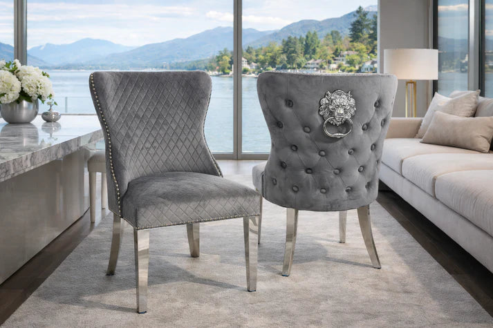 Plush Dark Grey Velvet Dining Chair with Lion Knocker and Chrome Legs