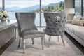 Plush Dark Grey Velvet Dining Chair with Lion Knocker and Chrome Legs