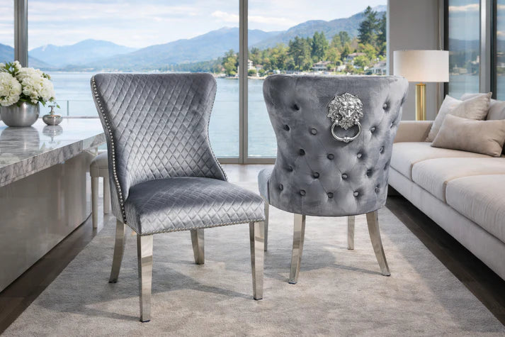 Plush Light Grey Velvet Dining Chair with Lion Knocker and Chrome Legs