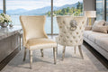 Mink Shimmer Velvet Dining Chair with Lion Knocker and Chrome Legs