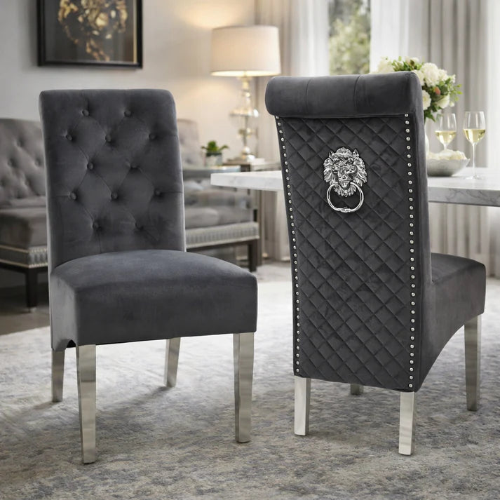 Dark Grey Velvet Dining Chair with Lion Knocker and Chrome Legs