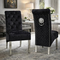 Crushed Black Velvet Dining Chair with Lion Knocker and Chrome Legs