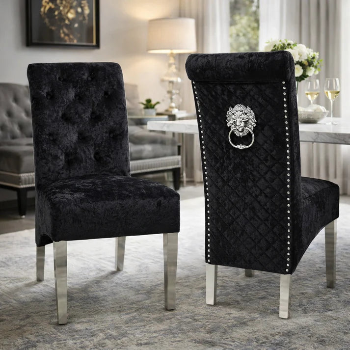 Crushed Black Velvet Dining Chair with Lion Knocker and Chrome Legs