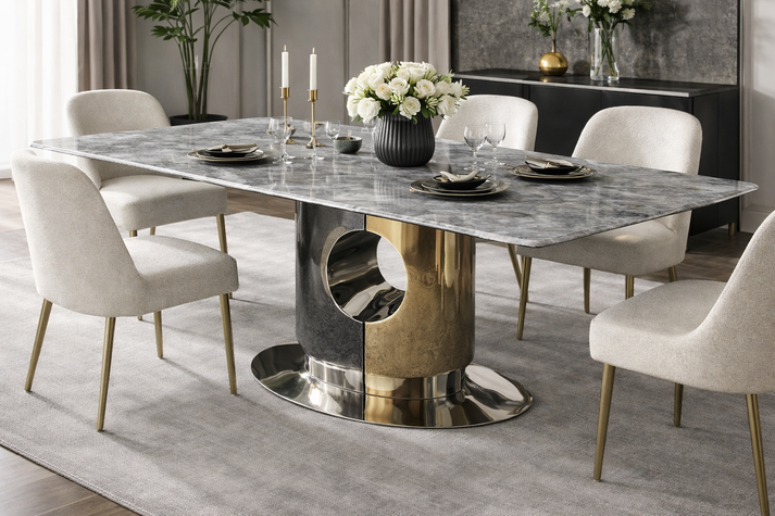 Grey Marble 2.0m/1.8m Dining Table with Chrome and Gold Block Pedestal Base