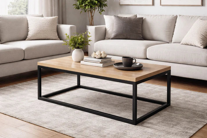 Industrial Oak Effect Coffee Table with Black Metal Frame
