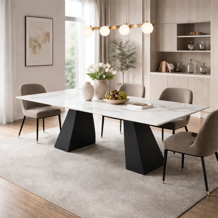 White Marble Effect Ceramic 6 Seater Rectangular Dining Table with Black Angular Legs