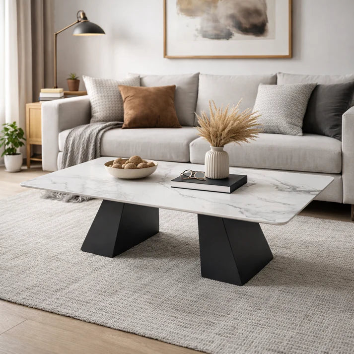White Ceramic Coffee Table with Black Architectural Legs