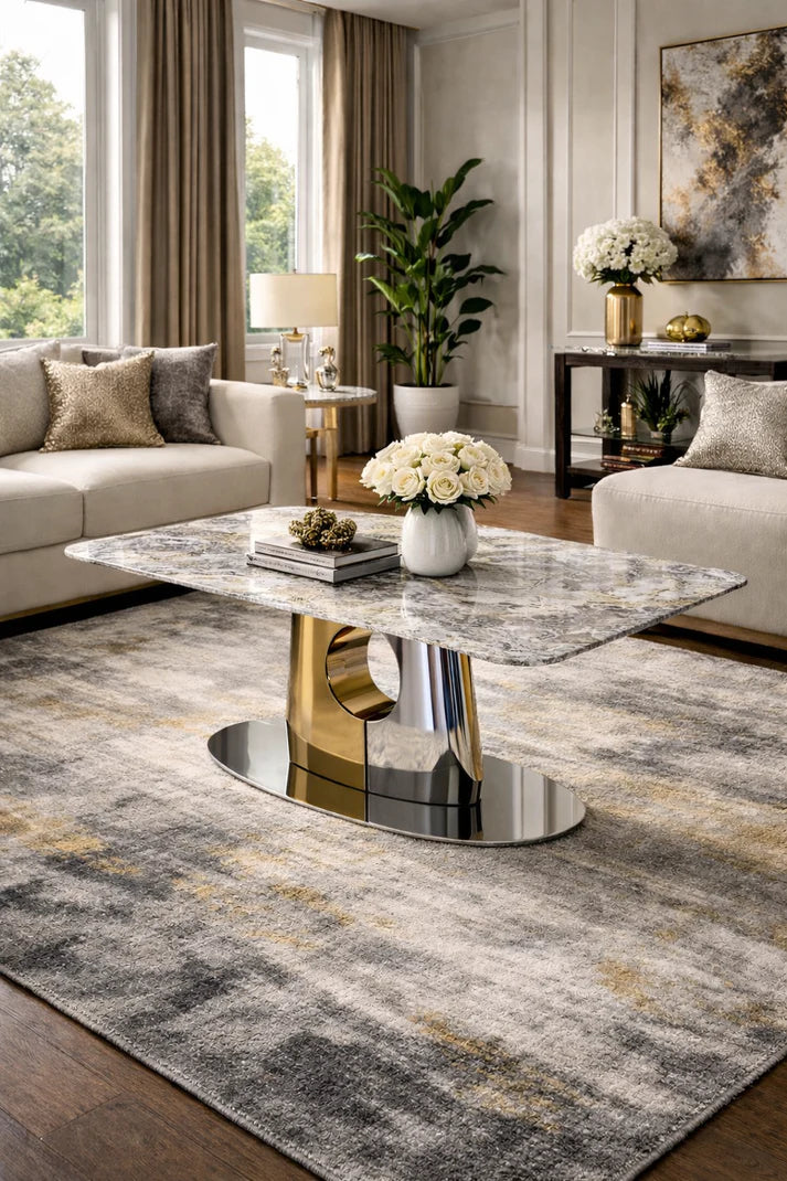Grey Marble Effect Coffee Table with Gold and Silver Metal Pedestal Base