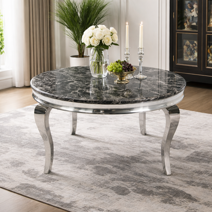 Grey Marble Effect Round Dining Table with Chrome Curved Legs