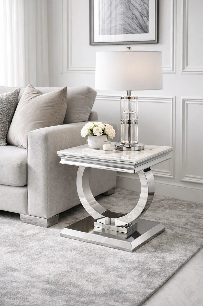 White Marble Effect Lamp Table with Chrome Pedestal Base