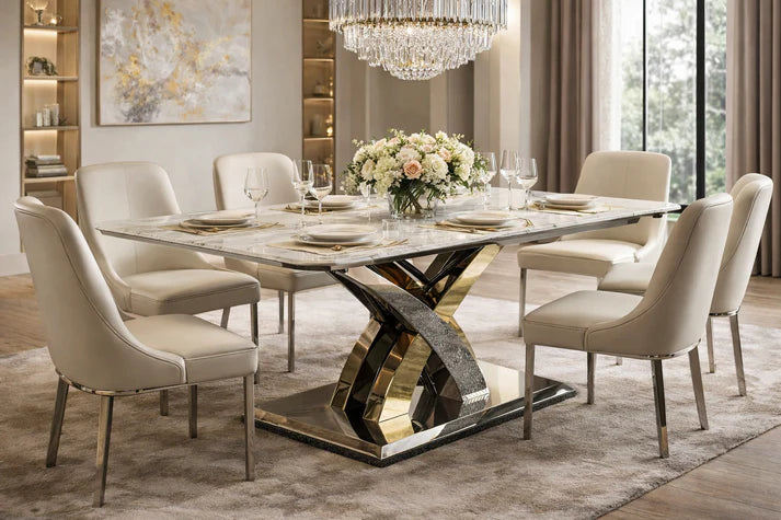 Cream Marble Effect 1.8m/1.5m Rectangular Dining Table with Chrome and Gold Cross Base