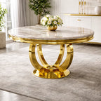 White Marble Effect 1.3m Round Dining Table with Gold Pedestal Base