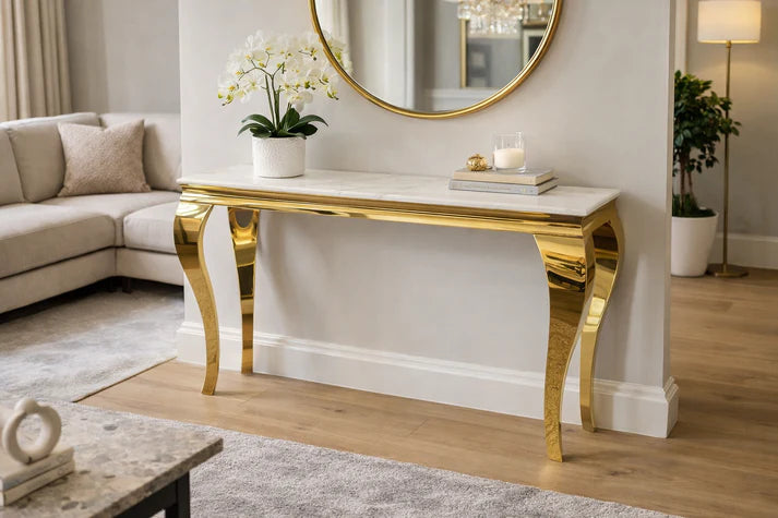 White Marble Effect 1.2m Console Table with Gold Metal Frame