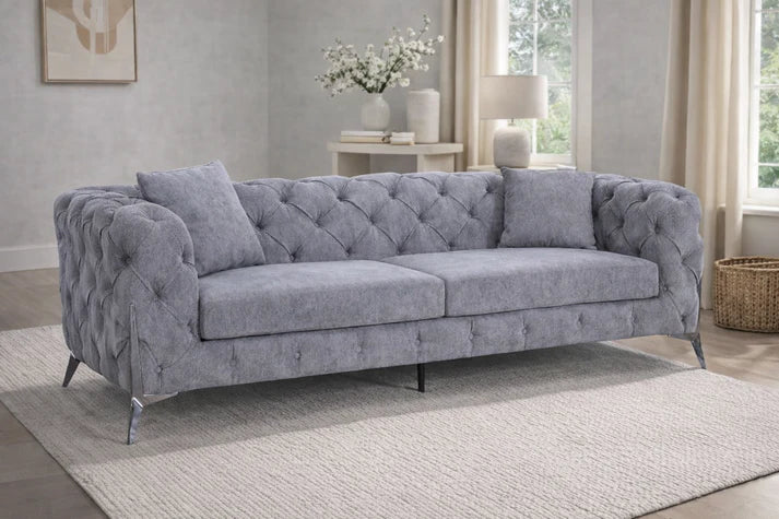 Grey Fabric Chesterfield 3 Seater Sofa with Chrome Accent Legs