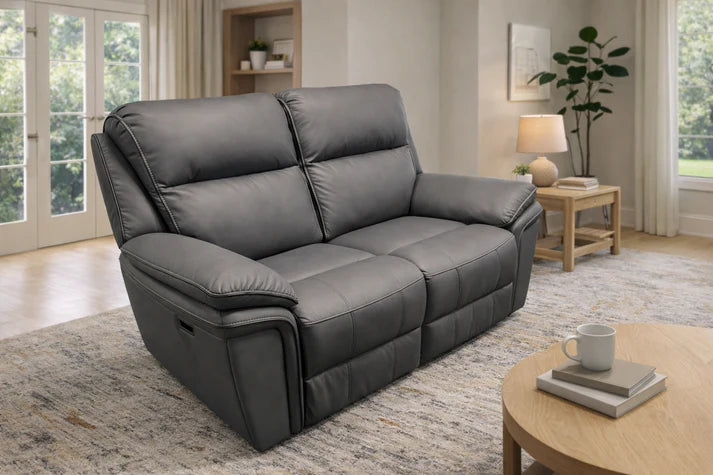 Grey Leather Fabric Upholstery 2 Seater Recliner Sofa