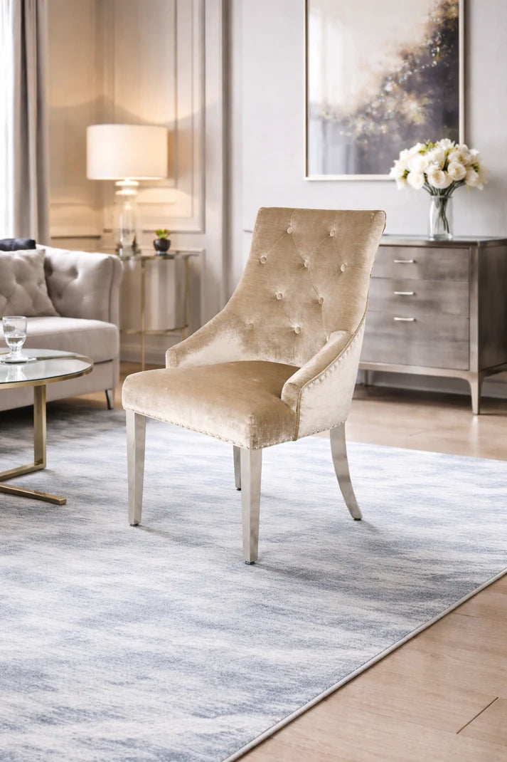 Mink Velvet Dining Chair with Lion Knocker and Chrome Legs