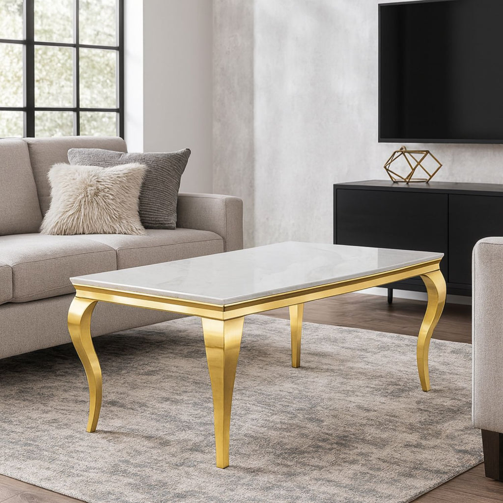 White Marble Effect Coffee Table with Gold Italian Style Frame
