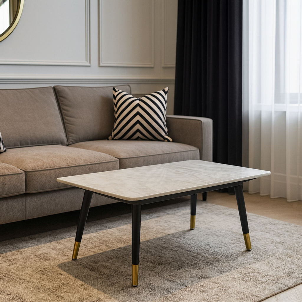 Grey Ceramic Coffee Table with Black Legs and Gold Accents