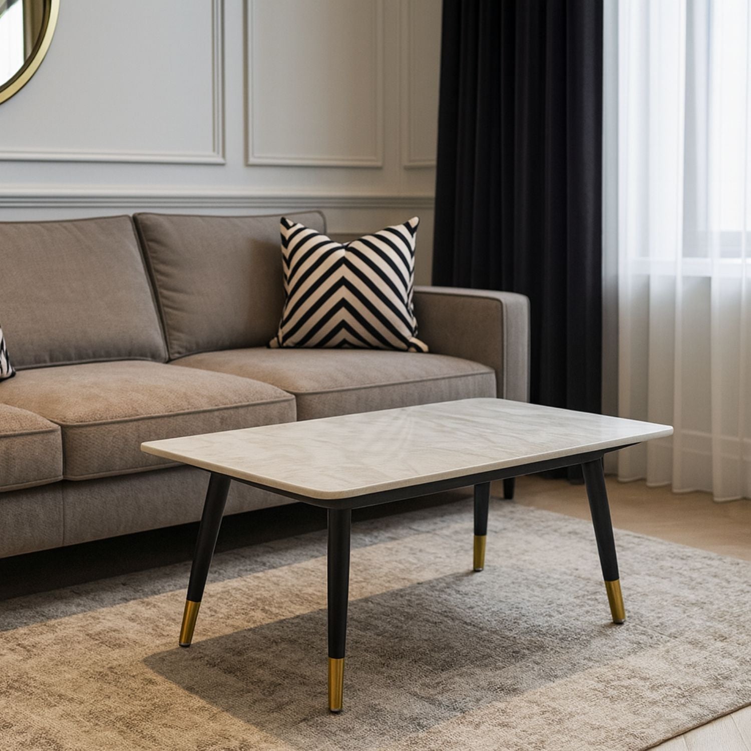 Grey Ceramic Coffee Table with Black Legs and Gold Accents