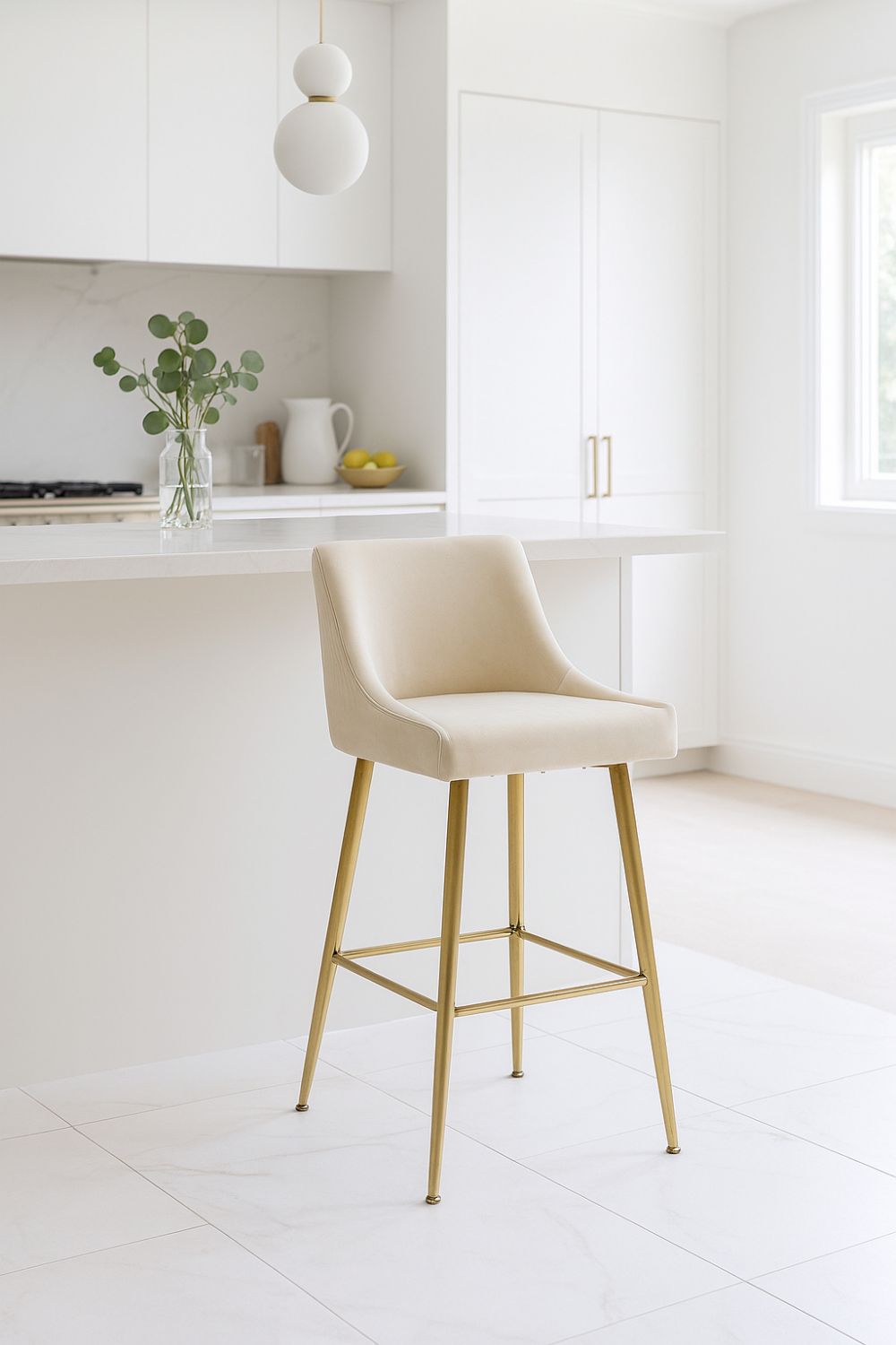 Ivory Ribbed Velvet Bar Stool with Gold Legs