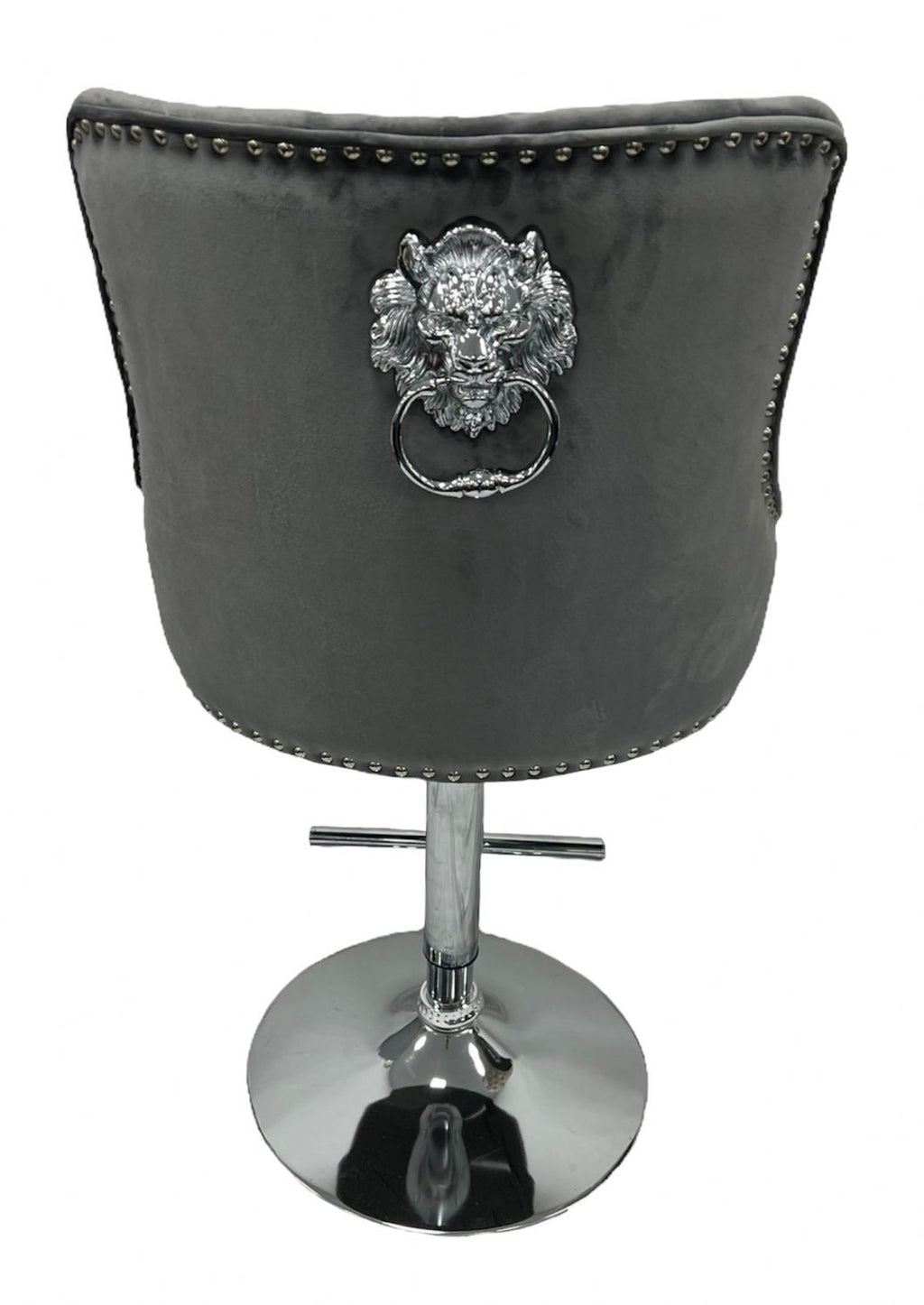 Dark Grey Velvet Bar Stool with Lion Knocker and Chrome Pedestal Base