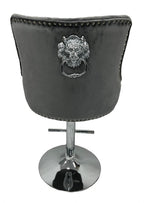 Dark Grey Velvet Bar Stool with Lion Knocker and Chrome Pedestal Base