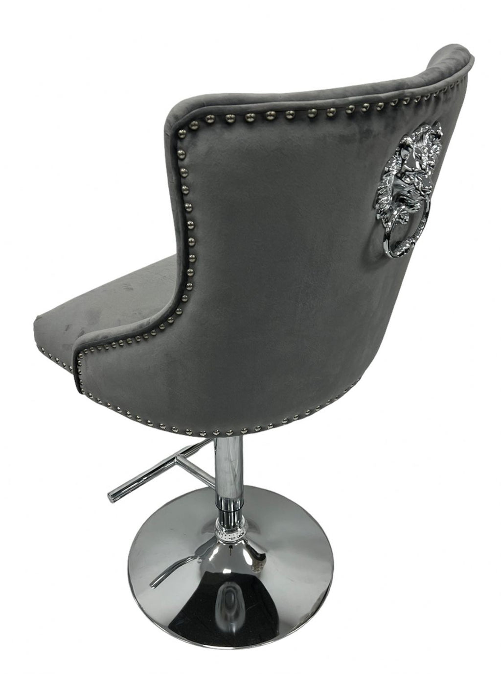 Dark Grey Velvet Bar Stool with Lion Knocker and Chrome Pedestal Base