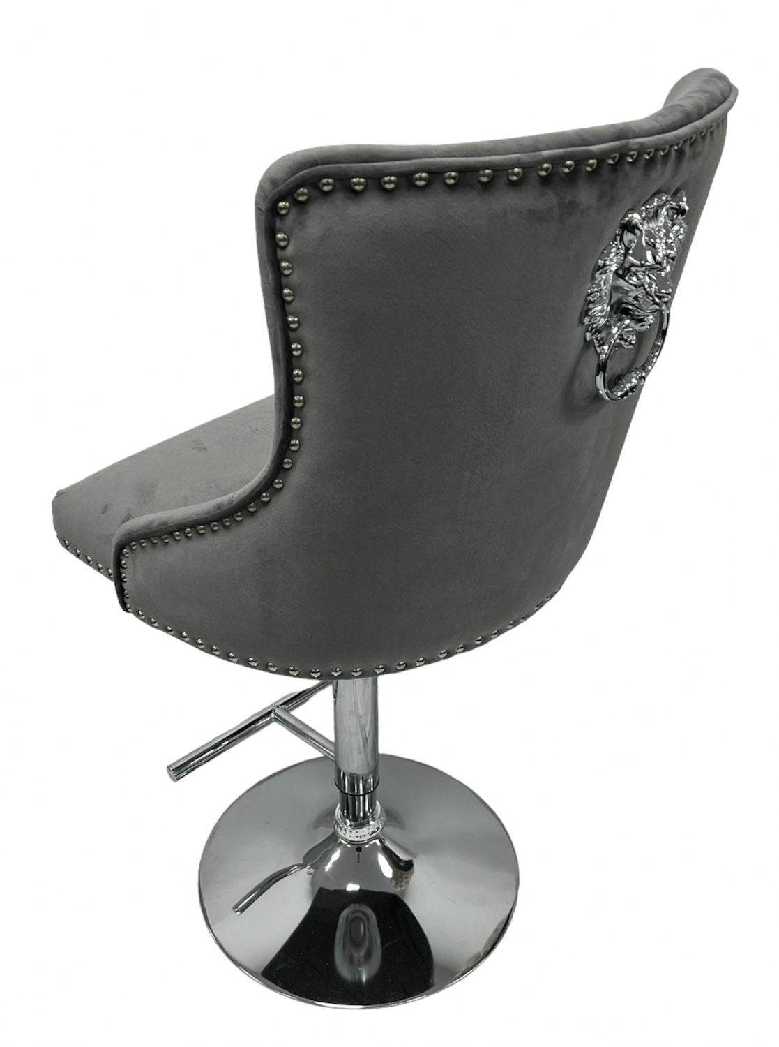Dark Grey Velvet Bar Stool with Lion Knocker and Chrome Pedestal Base