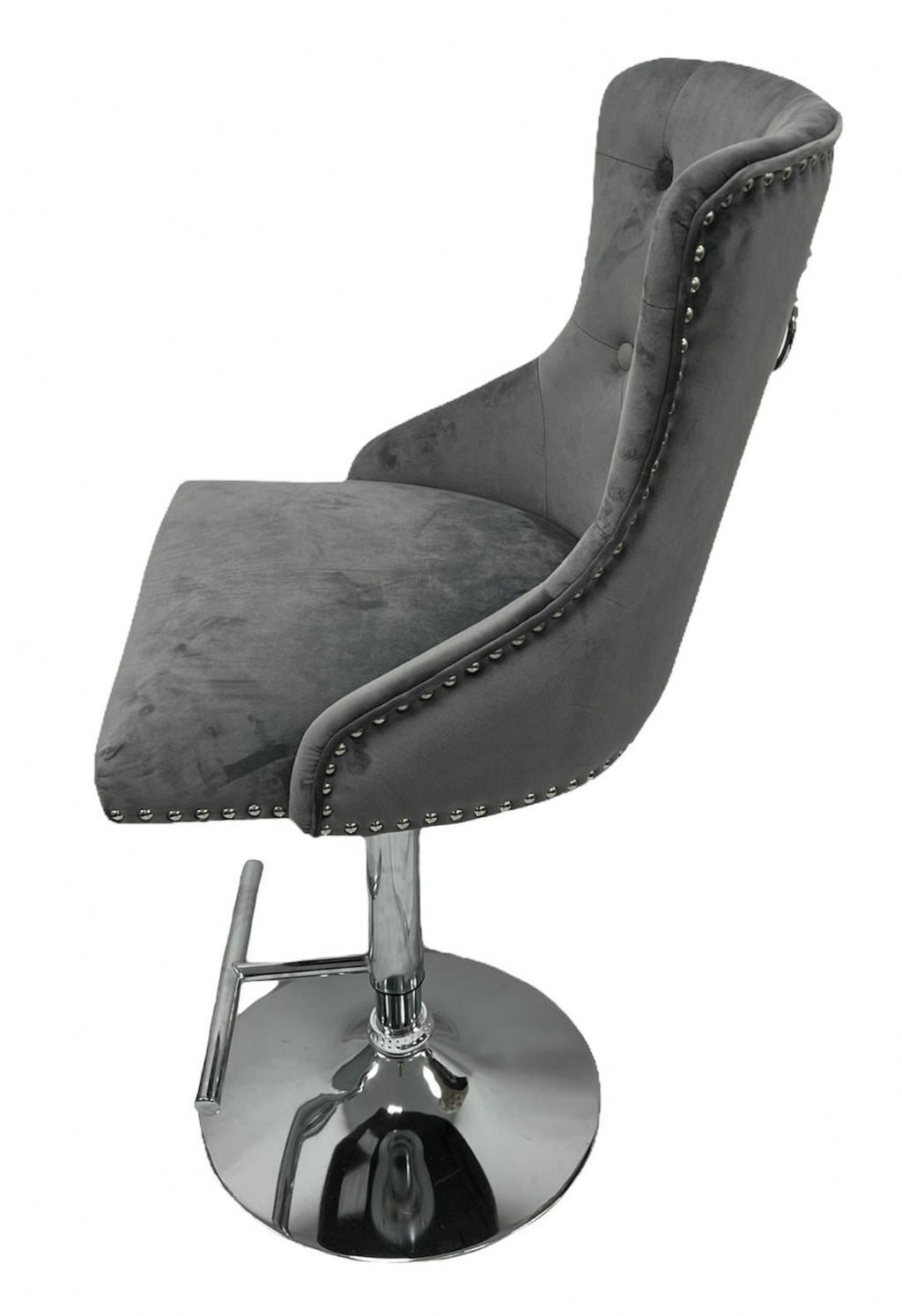 Dark Grey Velvet Bar Stool with Lion Knocker and Chrome Pedestal Base